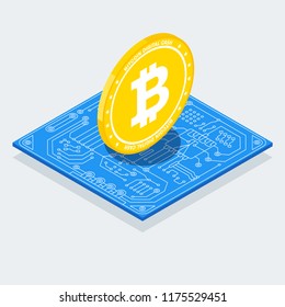 Isometric Bitcoin sign with computer chip. Color icon. Farm for the production of crypto currency, mining. Virtual money. Flat vector cartoon illustration. Objects isolated on white background.