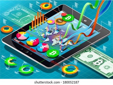 Isometric Bitcoin Tablet Business Infographic Visualization 3D Vector Illustration Set Collection. Bitcoin Business Infographic Mining Wallet Tablet