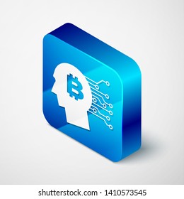 Isometric Bitcoin think icon isolated on white background. Cryptocurrency head. Blockchain technology, bitcoin, digital money market, cryptocoin wallet. Blue square button. Vector Illustration