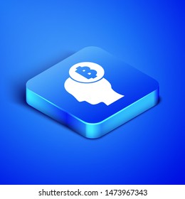 Isometric Bitcoin think icon isolated on blue background. Cryptocurrency head. Blockchain technology, digital money market, cryptocoin wallet. Blue square button. Vector Illustration