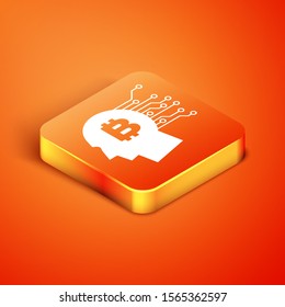 Isometric Bitcoin think icon isolated on orange background. Cryptocurrency head. Blockchain technology, bitcoin, digital money market, cryptocoin wallet.  Vector Illustration