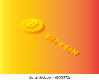 Isometric bitcoin vector illustration with isometric text design.