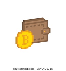 isometric bitcoin wallet icon 8 bit, pixel art for game logo. cryptocurrency blockchain icon