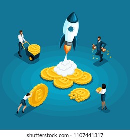 bitcoins isométricos, concepto de cadena de bloqueo de ico, minería de criptomoneda, proyecto de inicio aislado, el empleador empuja el dinero ganancia