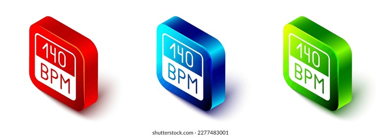 Isometric Bitrate icon isolated on white background. Music speed. Sound quality. Red, blue and green square button. Vector