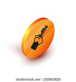 Isometric Bitten chocolate bar icon isolated on white background. Orange circle button. Vector