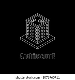 Isometric black building with windows and white outline stroke isolated on black background