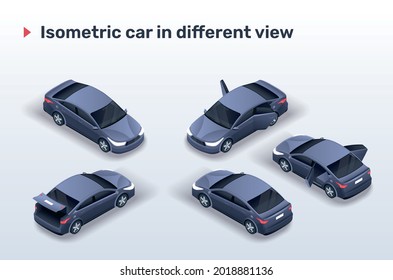 Isometric Black Car In Different View (with Open Doors And Trunk).