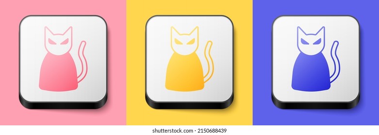 Isometric Black cat icon isolated on pink, yellow and blue background. Happy Halloween party. Square button. Vector