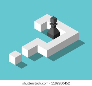 Isometric black chess pawn inside big white question mark on turquoise blue. Confusion, problem, decision and deadlock concept. Flat design. Vector illustration, no transparency, no gradients