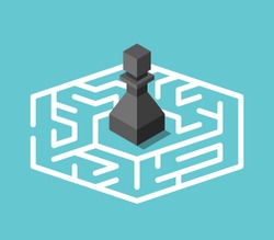 Isometric Black Chess Pawn Standing Lost In Centre Of Maze On Turquoise Blue Background. Confusion, Problem And Mystery Concept. Flat Design. Eps 8 Vector Illustration, No Transparency, No Gradients
