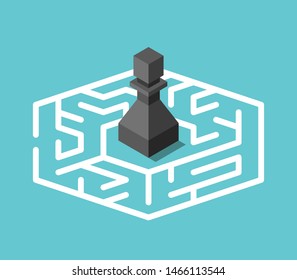 Isometric black chess pawn standing lost in centre of maze on turquoise blue background. Confusion, problem and mystery concept. Flat design. Eps 8 vector illustration, no transparency, no gradients