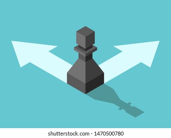 Isometric black chess pawn standing on arrows and choosing direction. Opportunity, decision, doubt and choice concept. Flat design. EPS 8 vector illustration, no transparency, no gradients