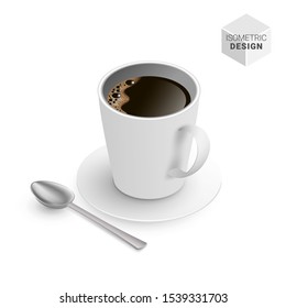 Isometric black coffee cup with spoon and saucer. Realistic vector illustration. 3d model americano in white cup isolated on white background