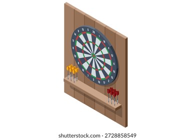 Tablero de dardos negro isométrico con flechas para el juego de dardos de pub. Símbolo de objetivo de negocio. Concepto interior del ocio y de la competencia aislado en el fondo blanco.