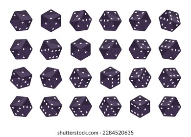 Isometric black dice cubes. Casino gambling pieces, backgammon, board games and poker dice 3d vector illustration set