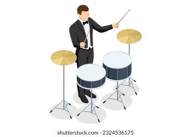 Isometric Black Drum Kit with drum sticks isolated on white background