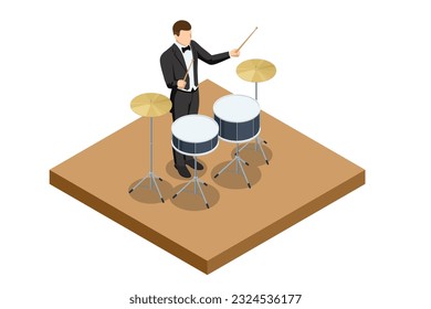 Isometric Black Drum Kit with drum sticks isolated on white background. Male drummer