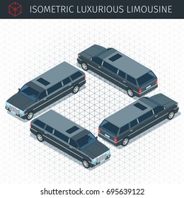 Isometric black limousine car. 3d vector transport icon. Highly detailed vector illustration