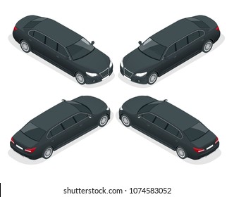 Isometric black limousine isolated on white. Template limousine icon vector. Premium people transportation