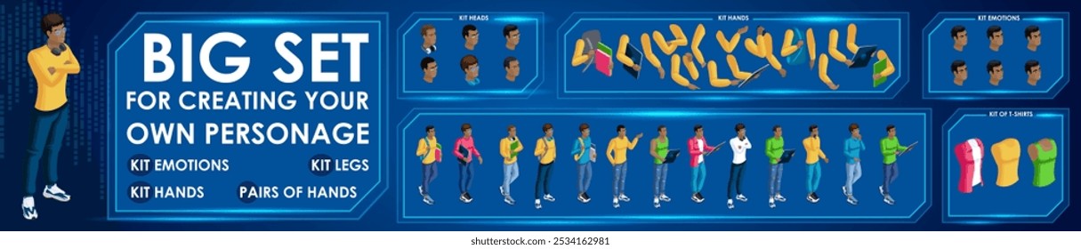 Construtor de caracteres Isometric Black Man para N6 projetado. Apresentação em várias ações. Conjunto de Alunos personagens ilustração estilo plano.