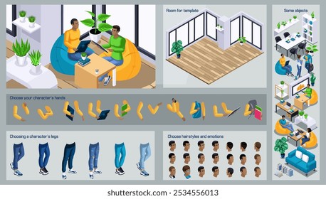 Isometric Black Man characters constructor for design. Use Separate Body Parts to Create An Animated Character. Set of Emotions, Hairstyles, Hands and Feet. Set action N5