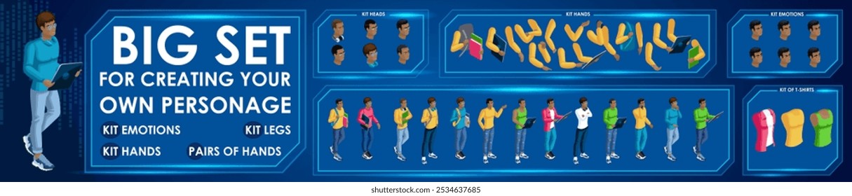 Isometric Black Man characters constructor for designed N7. Presentation in various action. Set of Students personages flat style illustration.