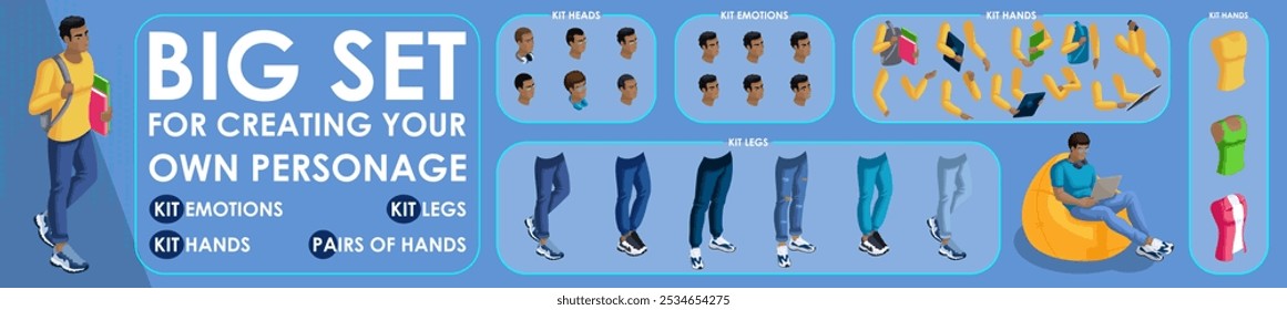 Construtor de caracteres Isometric Black Man para projetado. Definir várias ações N1. Conjunto de Alunos personagens ilustração de estilo plano