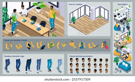 Construtor de personagens Isometric Black Man para design. Use Partes De Corpo Separadas Para Criar Um Caractere Animado. Conjunto de emoções, penteados, mãos e pés. Definir ação N4