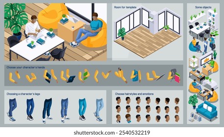 Isometric Black Man characters constructor for design. Use Separate Body Parts to Create An Animated Character. Set of Emotions, Hairstyles, Hands and 