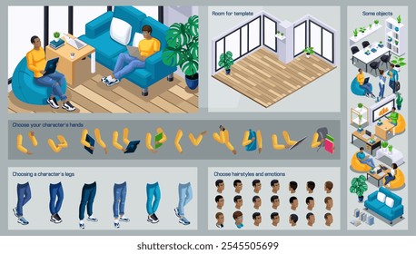 Construtor de personagens Isometric Black Man para design. Use Partes De Corpo Separadas Para Criar Um Caractere Animado. Conjunto de emoções, penteados, mãos e pés.