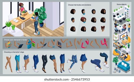 Isometric Black Man characters constructor for design. Use Separate Body Parts to Create An Animated Character. Set of Emotions, Hairstyles, Hands and Feet. Set.