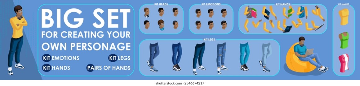 Isometric Black Man characters constructor for designed. Set various action N6. Set of Students personages flat style illustration.