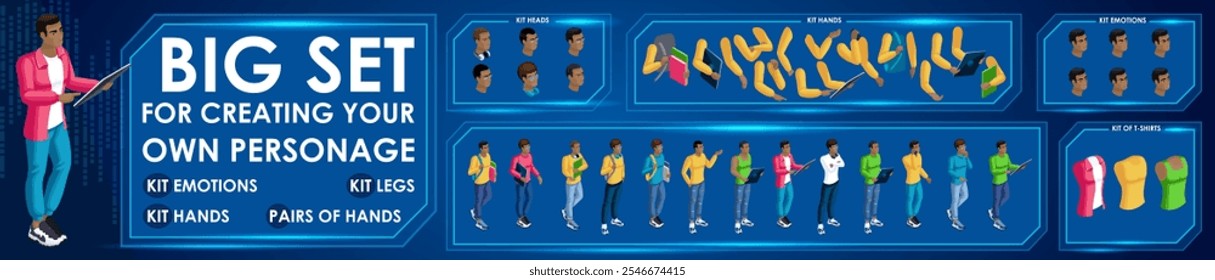 Isometrische Black Man Zeichen Konstruktor für entworfene N4. Präsentation in verschiedenen Aktion. Set von Studenten personages flachen Stil Illustration.