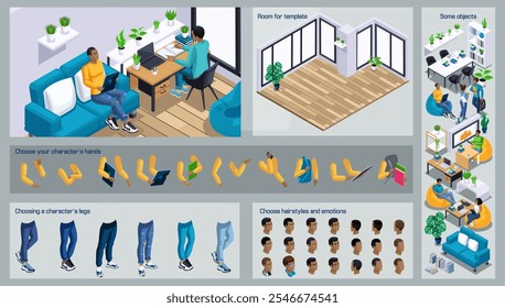 Isometric Black Man characters constructor for design. Use Separate Body Parts to Create An Animated Character. Set of Emotions, Hairstyles, Hands and Feet. Set.