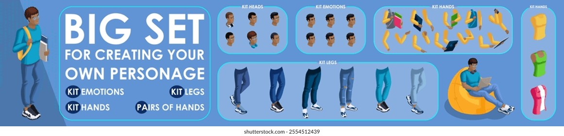 Isometric Black Man characters constructor for designed. Set various action N2. Set of Students personages flat style illustration.