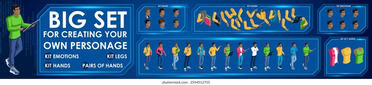 Isometric Black Man characters constructor for designed N5. Presentation in various action. Set of Students personages flat style illustration.