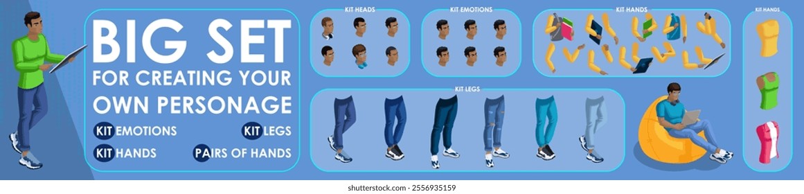 Isometric Black Man characters constructor for designed. Set various action N5. Set of Students personages flat style illustration.