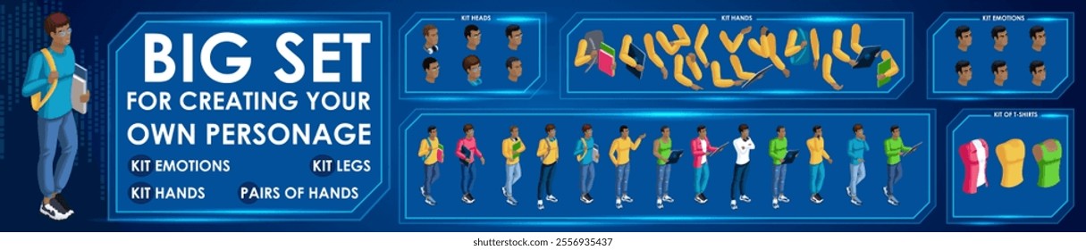 Isometric Black Man characters constructor for designed N2. Presentation in various action. Set of Students personages flat style illustration.