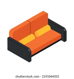 Isometric black   orange sofa and yellow cushions 3d vector illustration