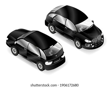 Isometric black passenger car in two angles.Detailed city transport isolated design on white background.Vector illustration.
