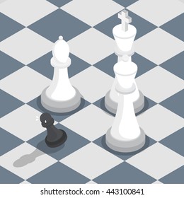 Isometric black pawn surrounded by white king, queen, bishop on the chessboard, facing the challenge, working under pressure concept