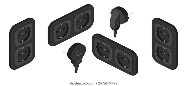 isometric black power outlet plug electric socket european type f vector flat illustration