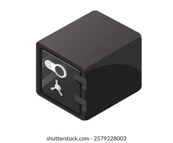 Isometric black security safe with keyhole and combination lock. Small Lockbox. Minimalistic design. Vector illustration isolated on white background