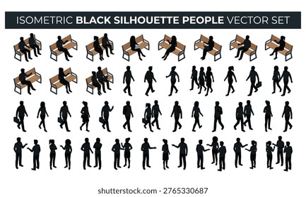 Isometric Black Silhouette People Vector Set: Men and Women Sitting on Benches, Walking, and Talking