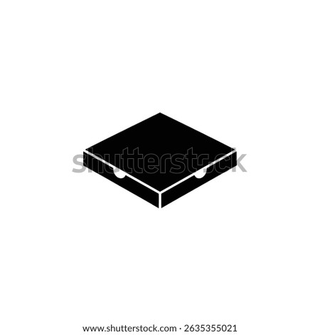 Isometric black square pizza box icon with curved opening indents, set on a transparent background, perfect for delivery and takeout designs.