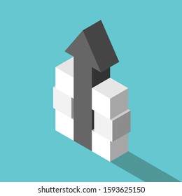 Isometric black vertical arrow supported by stacked cubes. Growth, risk management, investment and stability concept. Flat design. EPS 8 vector illustration, no transparency, no gradients