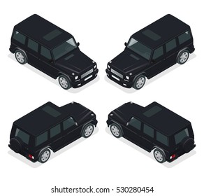 Isometric Black VIP Car. Cross country vehicle. Mid-size four-wheel drive luxury SUV. Flat 3d  high quality city transport icon set.