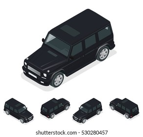 Isometric Black VIP Car. Cross country vehicle. Mid-size four-wheel drive luxury SUV. Flat 3d  high quality city transport icon set.