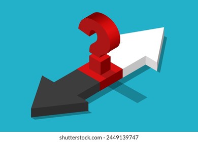 Isometric black and white arrows, opposite directions and red question mark. Mediation, individuality, separation and relationship concept. Flat design with long shadow. Vector illustration.